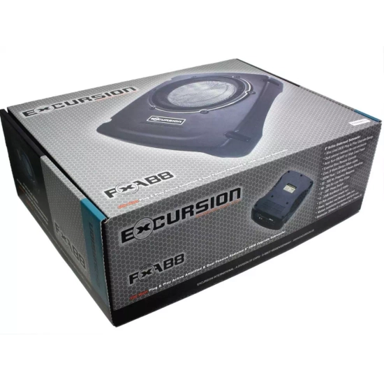 Excursion PXA-B8 active car subwoofer with a 20 cm / 8-inch driver – 150/500 W, die-cast aluminum enclosure, dual radiator, bass level controller.